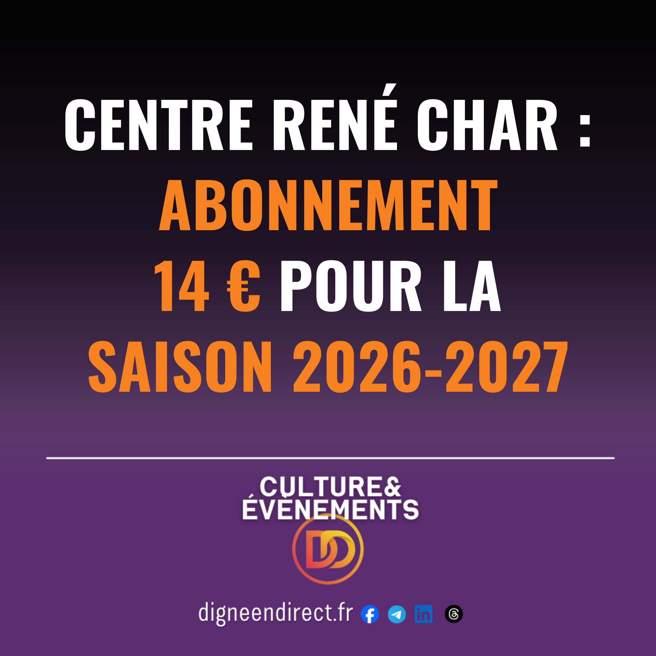 Centre René Char : abonnement 14 € pour la saison 2026-2027