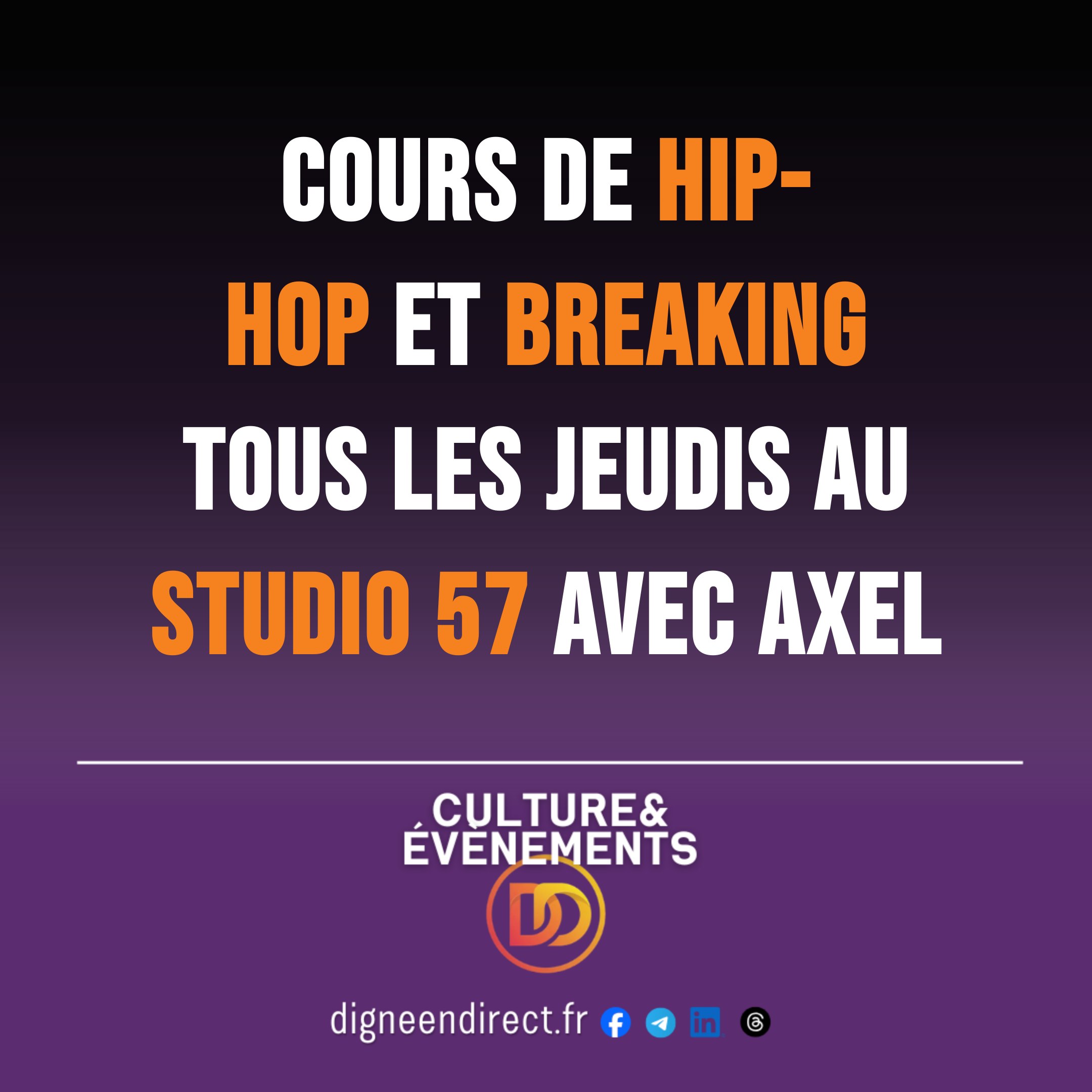 Cours de hip-hop et breaking tous les jeudis au Studio 57 avec Axel